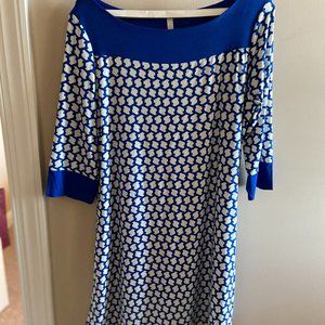 Blue & White Geometric Design Knit Dress